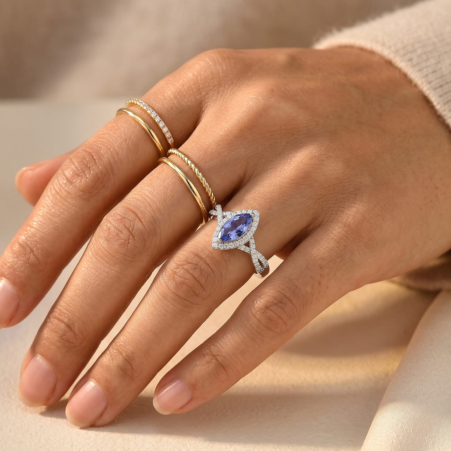 D'Joy Tanzanite and Moissanite 1.40 ctw Ring in Rhodium Over Sterling Silver (Size 6.0)