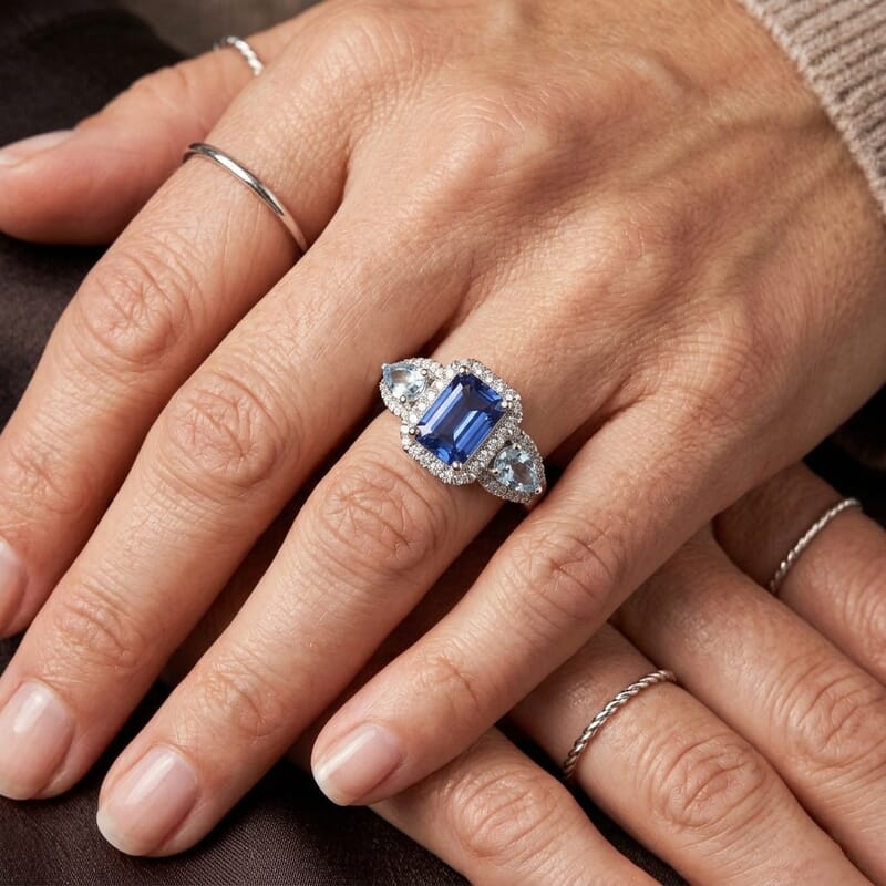 D'Joy Tanzanite and Multi Gemstone 1.70 ctw Ring in Rhodium Over Sterling Silver (Size 6.0)