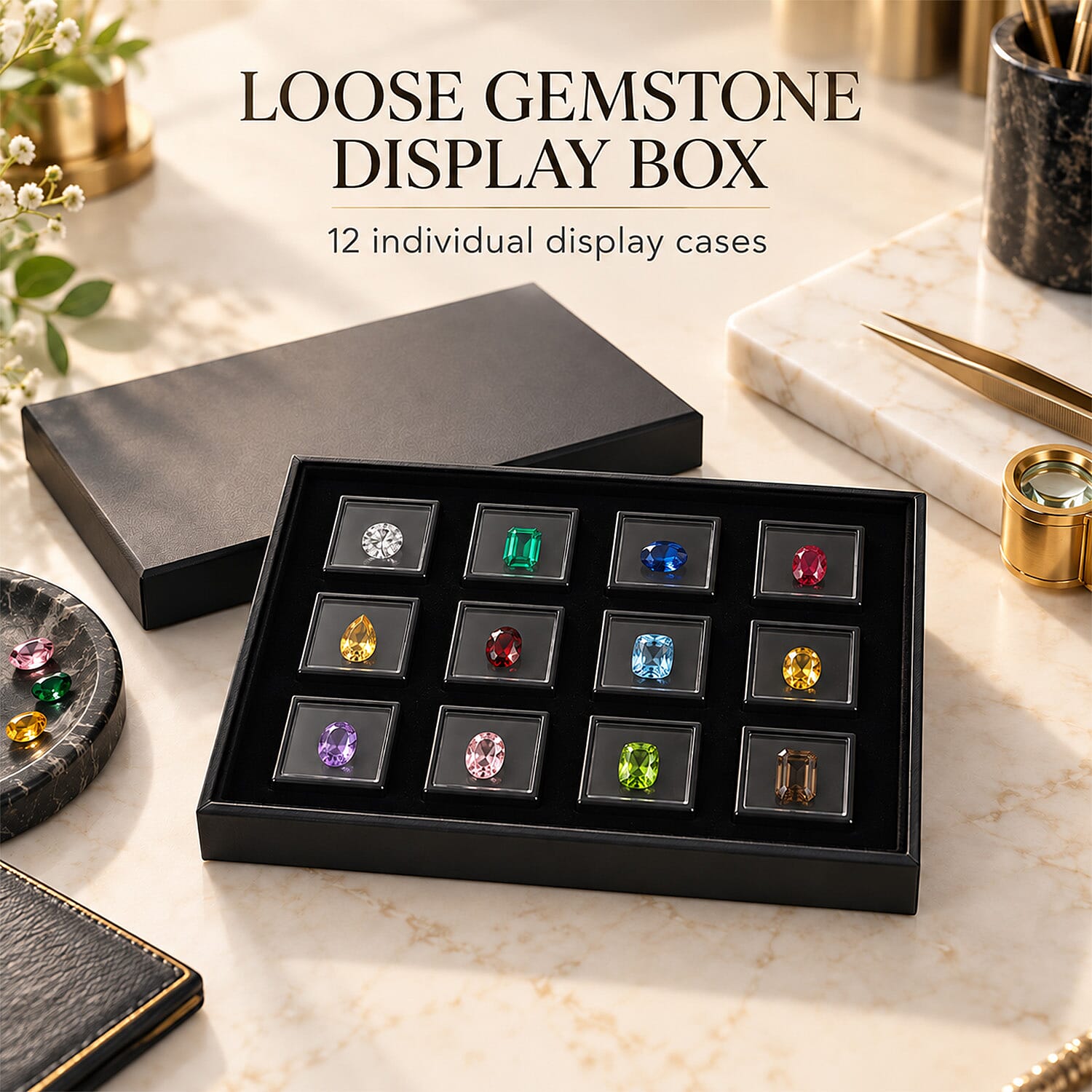 Livmore Black 12pcs Black Loose Gemstone Display Box