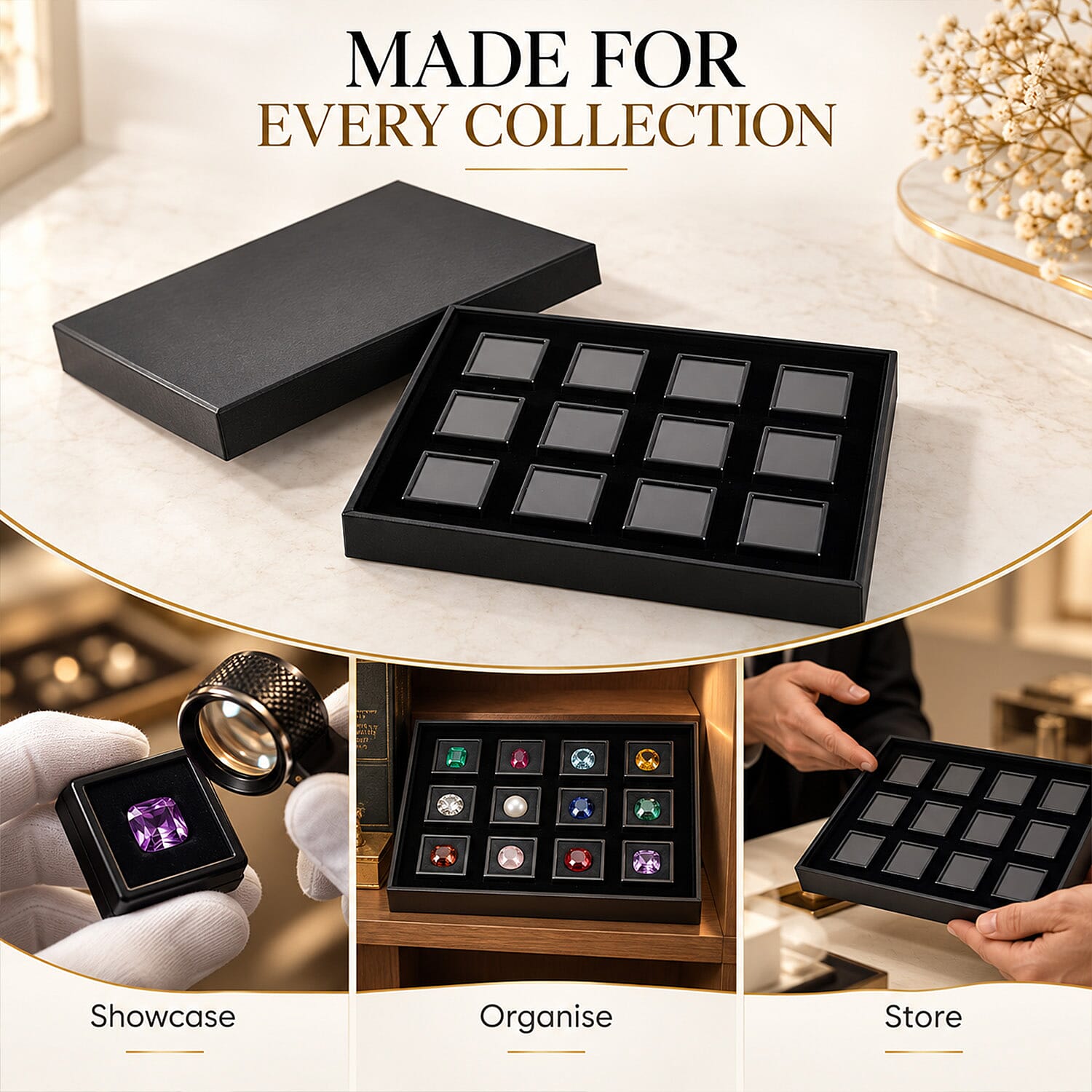 Livmore Black 12pcs Black Loose Gemstone Display Box