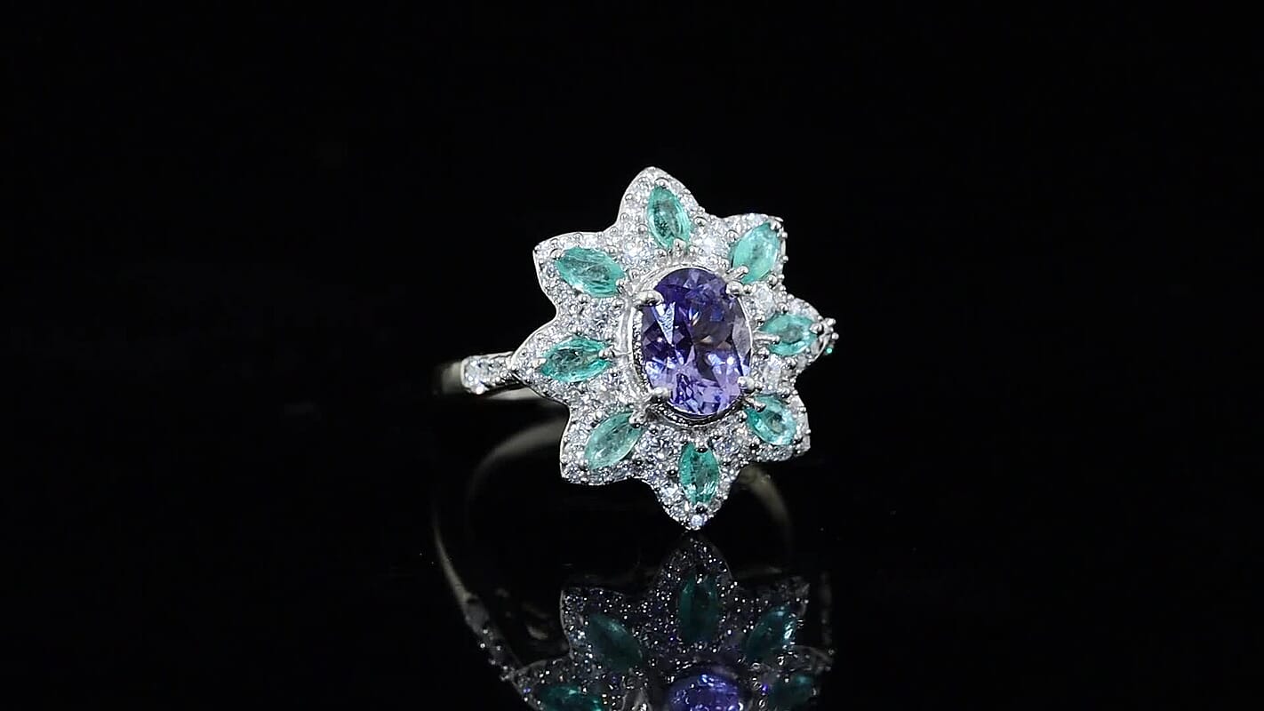 D''Joy Tanzanite and Multi Gemstone 2.25 ctw Ring in Rhodium Over Sterling Silver (Size 10.0)