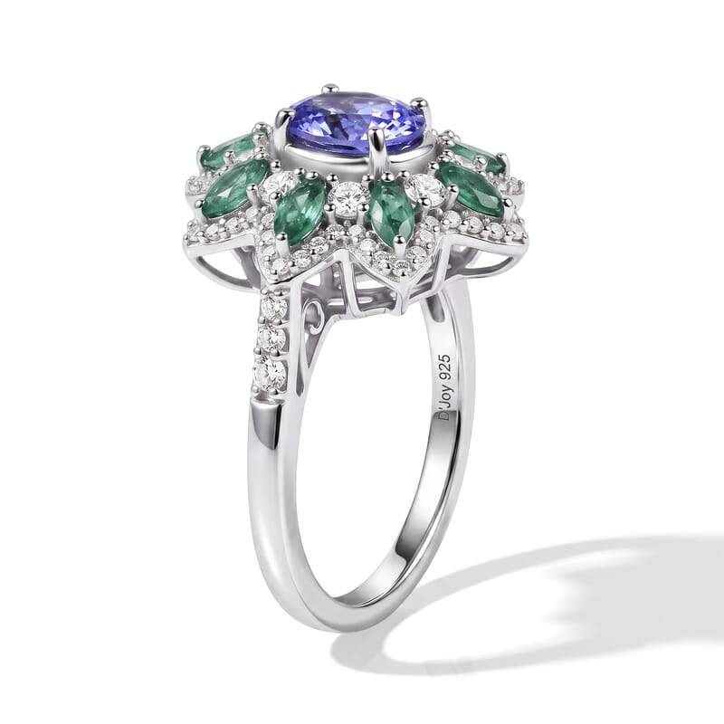 D'Joy Tanzanite and Multi Gemstone 2.25 ctw Ring in Rhodium Over Sterling Silver (Size 6.0)