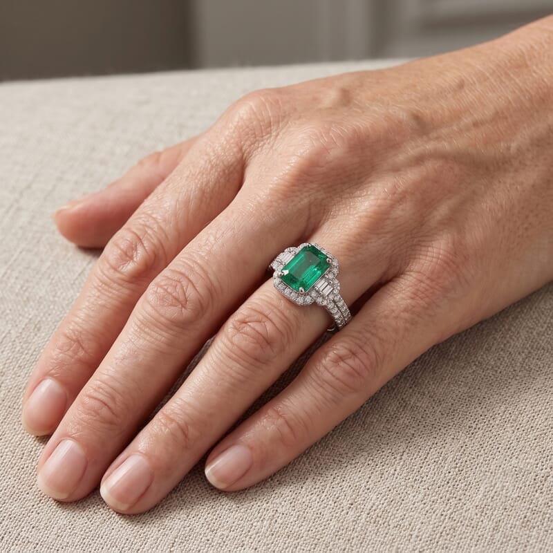 Certified and Appraised D'Joy Premium Kagem Zambian Emerald and Moissanite 2.15 ctw Ring in Rhodium Over Sterling Silver (Size 6.0)