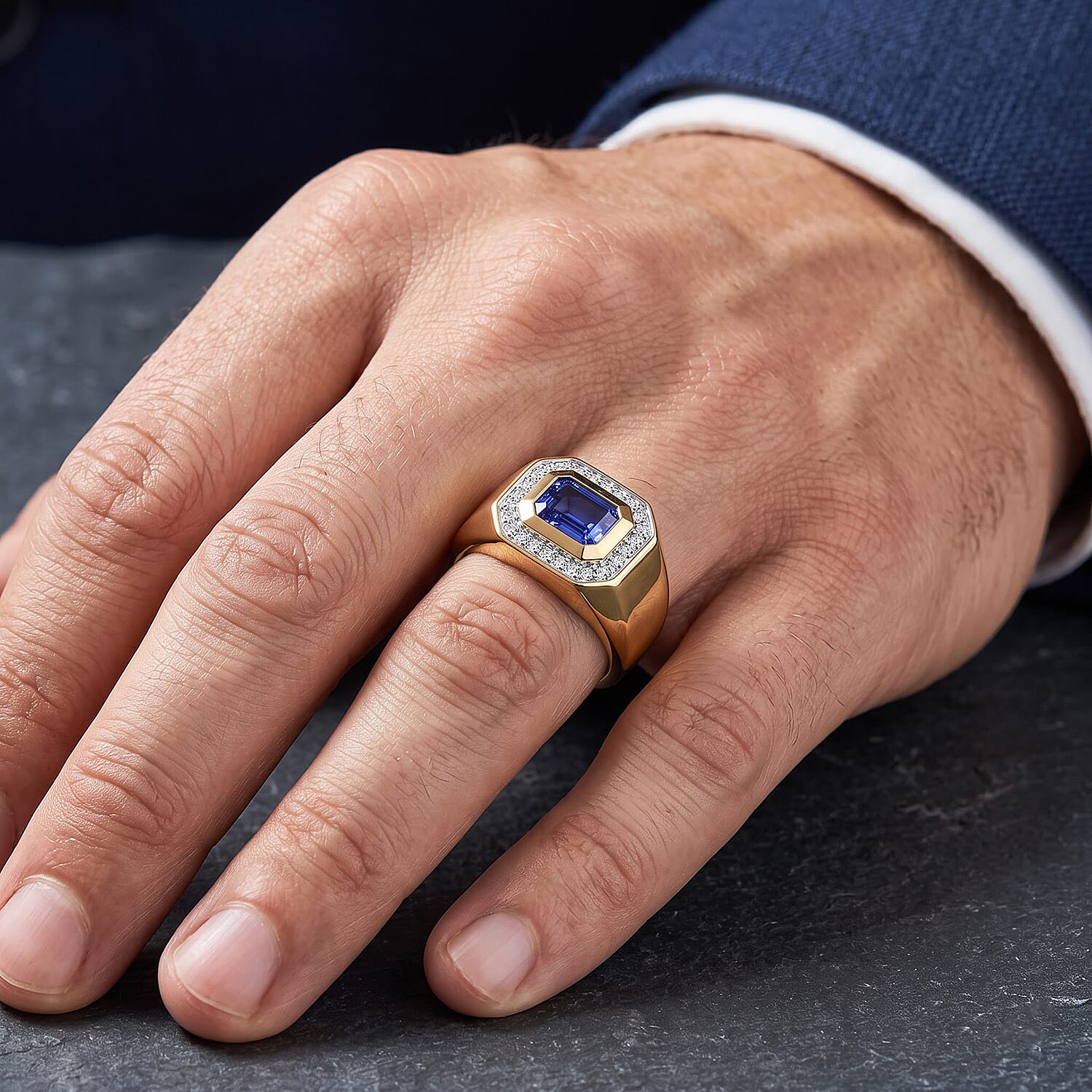D'Joy Tanzanite and Moissanite 1.20 ctw Men's Ring in 18K Vermeil Yellow Gold Over Sterling Silver (Size 9.0)
