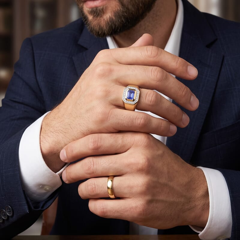 D'Joy Tanzanite and Moissanite 1.20 ctw Men's Ring in 18K Vermeil Yellow Gold Over Sterling Silver (Size 9.0)
