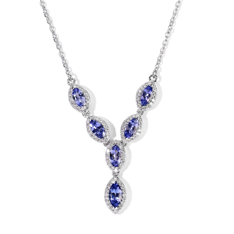 D'Joy Tanzanite and Moissanite 2.90 ctw Necklace in Rhodium Over Sterling Silver 18 Inches