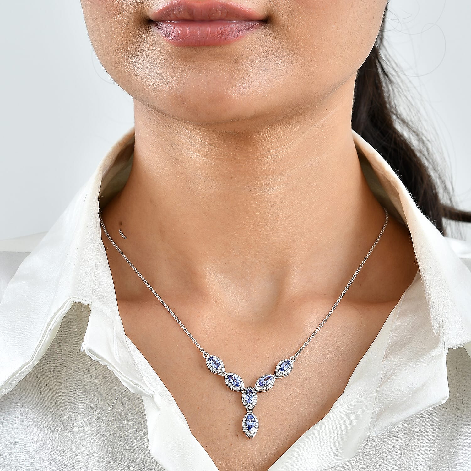 D'Joy Tanzanite and Moissanite 2.90 ctw Necklace in Rhodium Over Sterling Silver 18 Inches