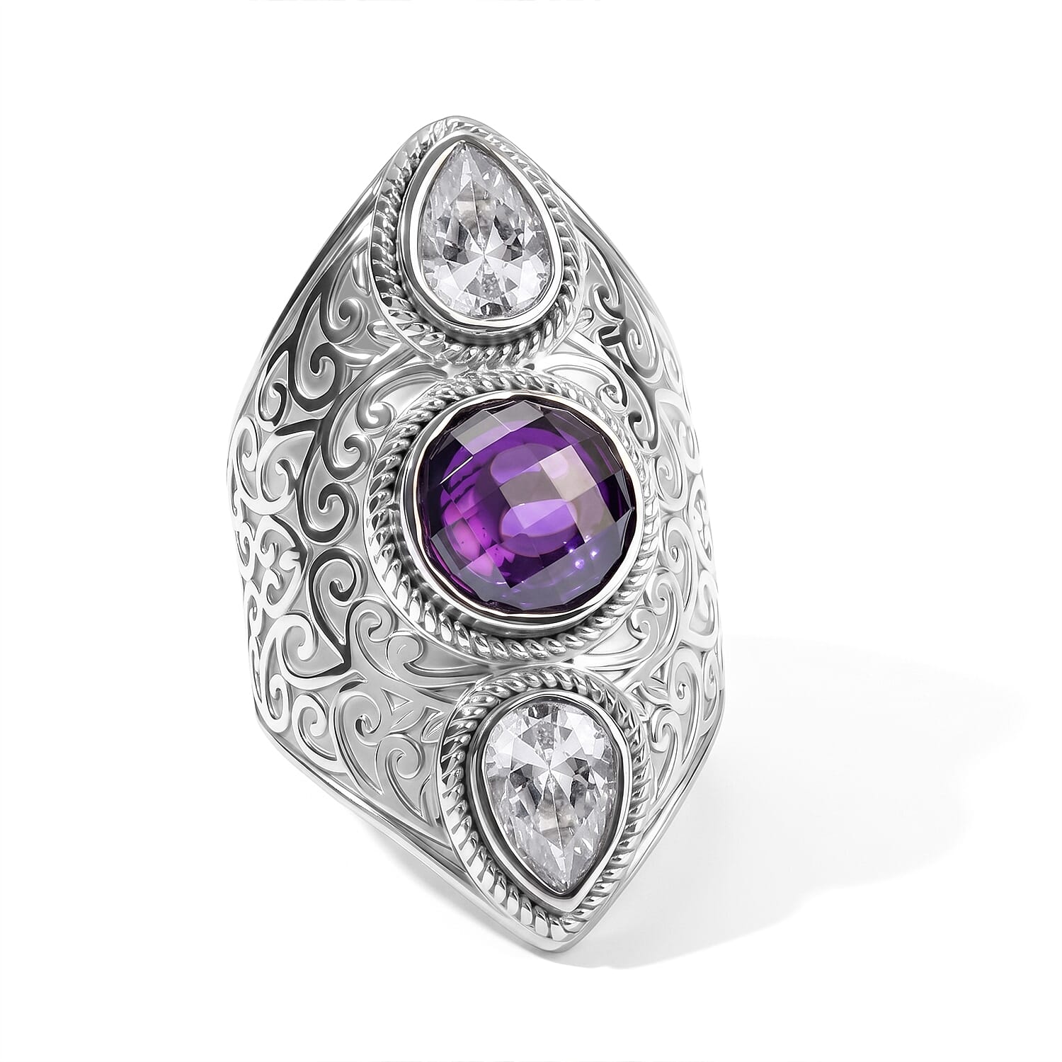 EverTrue Simulated Amethyst Color and White Diamond Ring in Stainless Steel (Size 5.0)