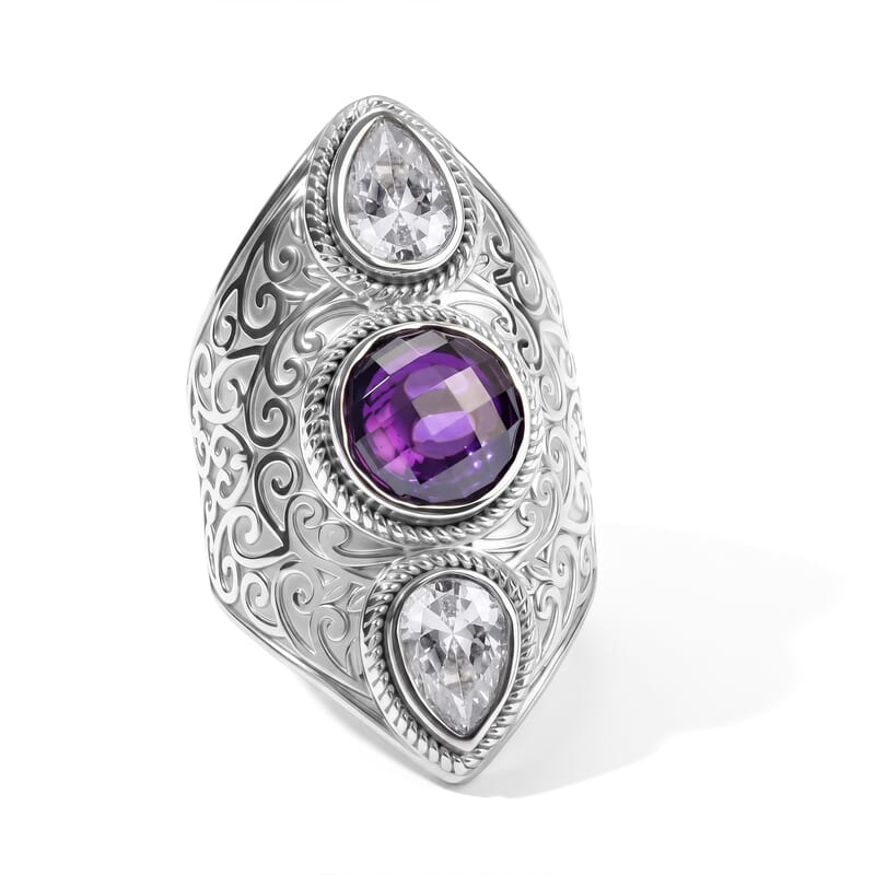 EverTrue Simulated Amethyst Color and White Diamond Ring in Stainless Steel (Size 5.0)