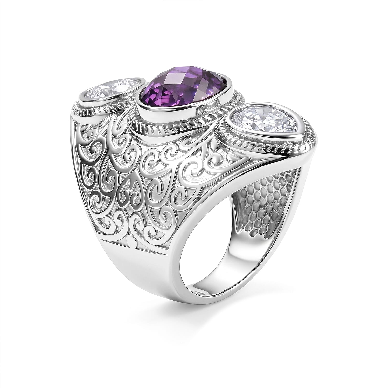 EverTrue Simulated Amethyst Color and White Diamond Ring in Stainless Steel (Size 5.0)