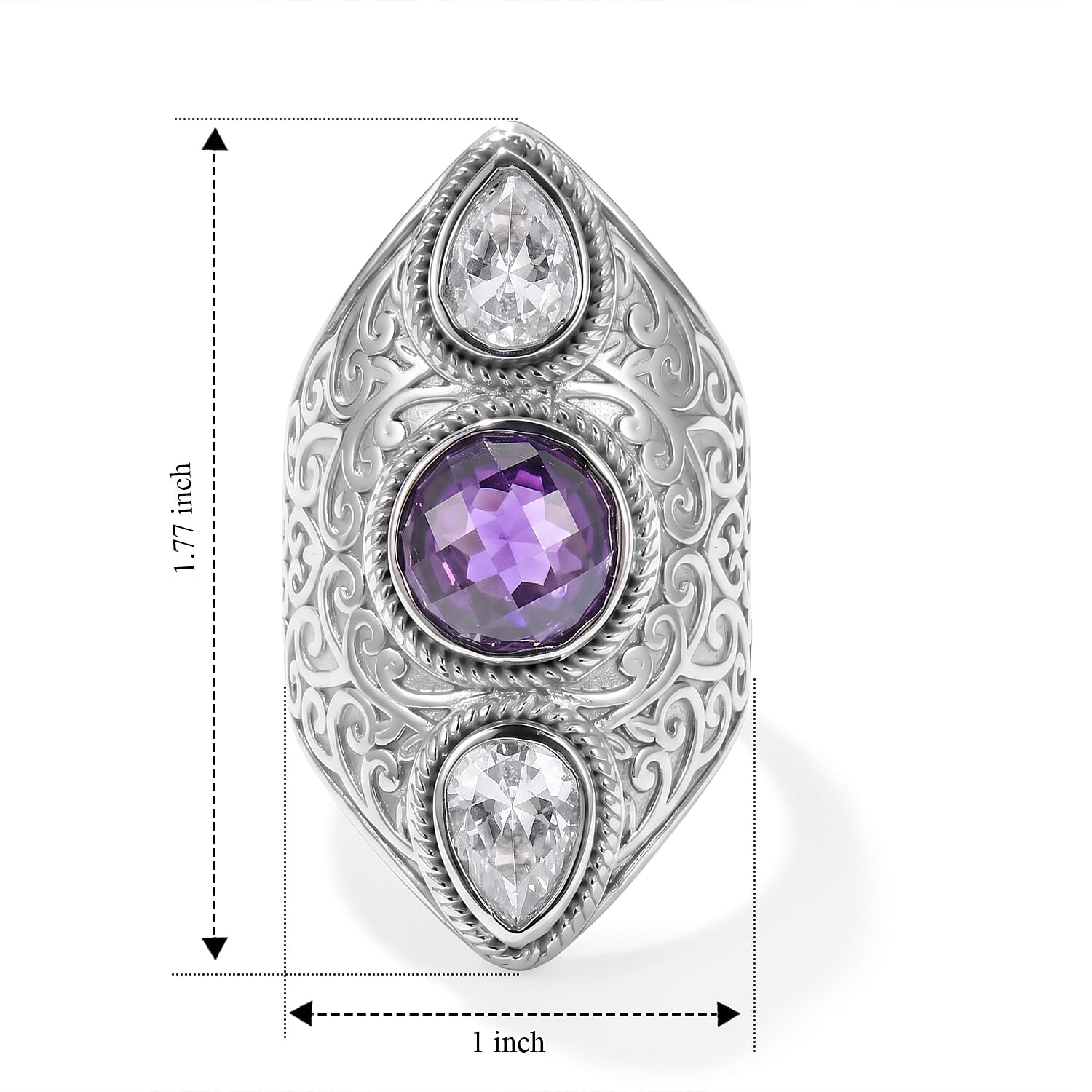 EverTrue Simulated Amethyst Color and White Diamond Ring in Stainless Steel (Size 5.0)