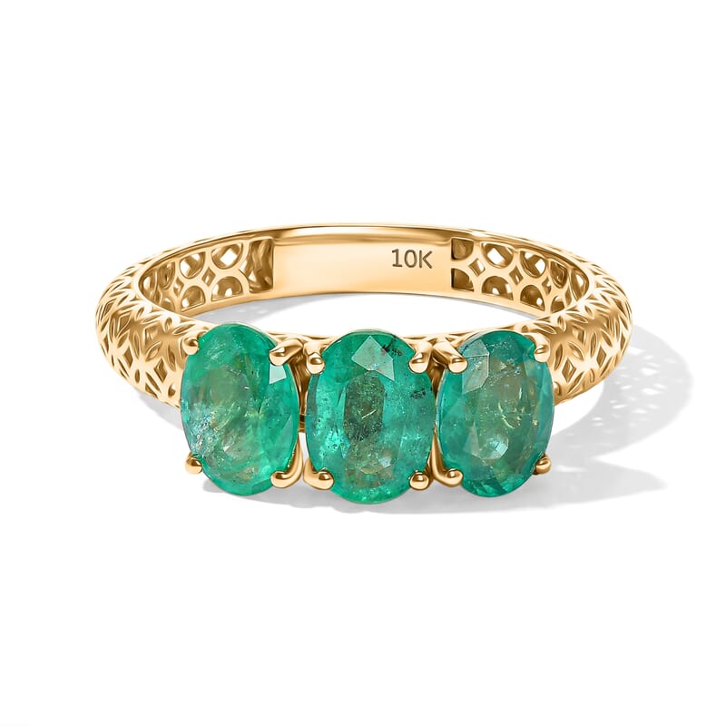 Doorbuster Mirage Collection AAA Kagem Zambian Emerald 2.40 ctw 3 Stone Ring in 10K Yellow Gold (Size 6.0)