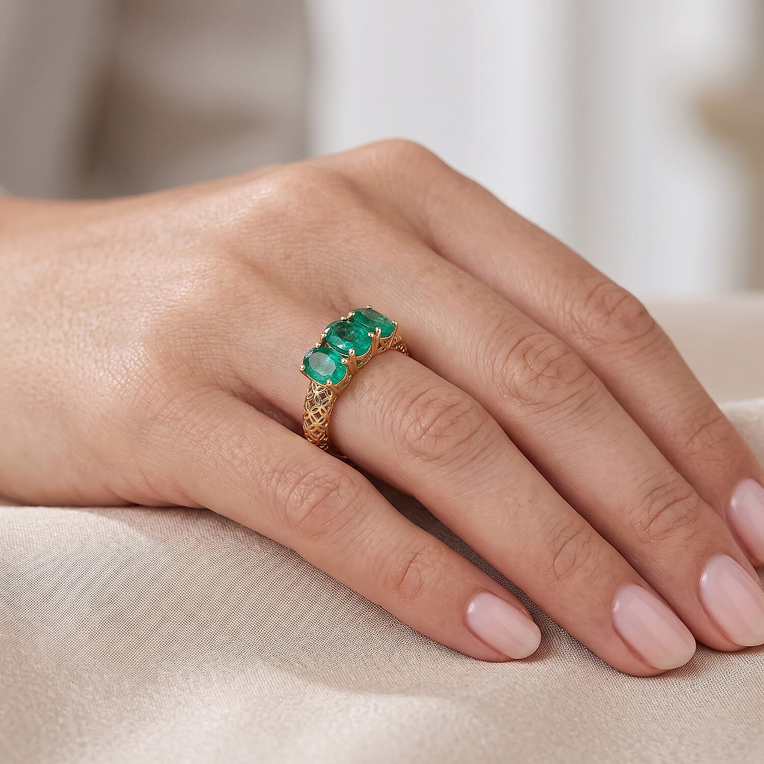 Doorbuster Mirage Collection AAA Kagem Zambian Emerald 2.40 ctw 3 Stone Ring in 10K Yellow Gold (Size 6.0)