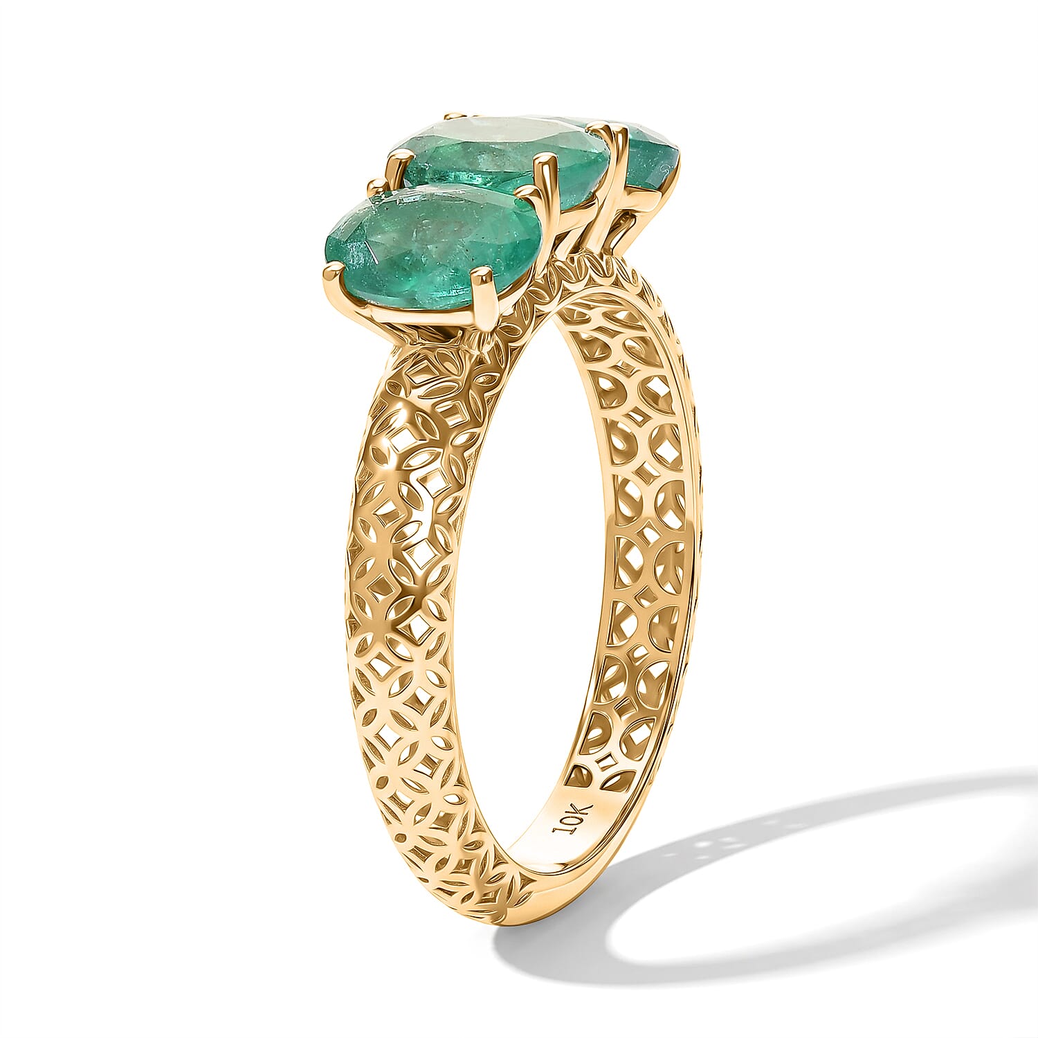 Doorbuster Mirage Collection AAA Kagem Zambian Emerald 2.40 ctw 3 Stone Ring in 10K Yellow Gold (Size 6.0)
