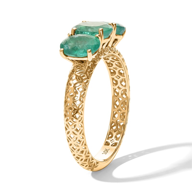 Doorbuster Mirage Collection AAA Kagem Zambian Emerald 2.40 ctw 3 Stone Ring in 10K Yellow Gold (Size 7.0)