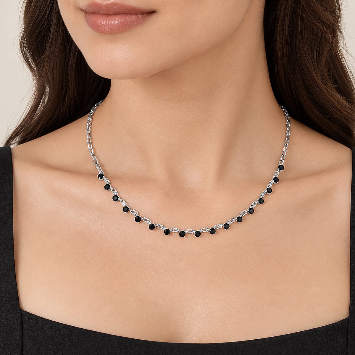 EverTrue Thai Black Spinel 4.35 ctw Station Necklace in Platinum Bond 18 Inches