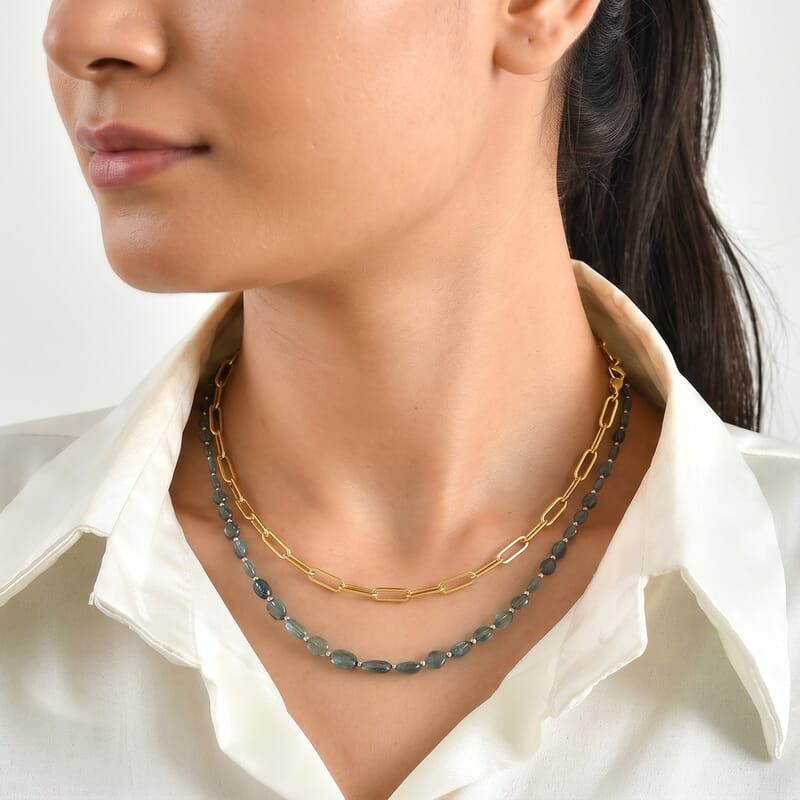 Luxoro AAA Pirineu Lagoon Tourmaline 32.00 ctw Oval Beaded Necklace in 10K White Gold 18 Inches