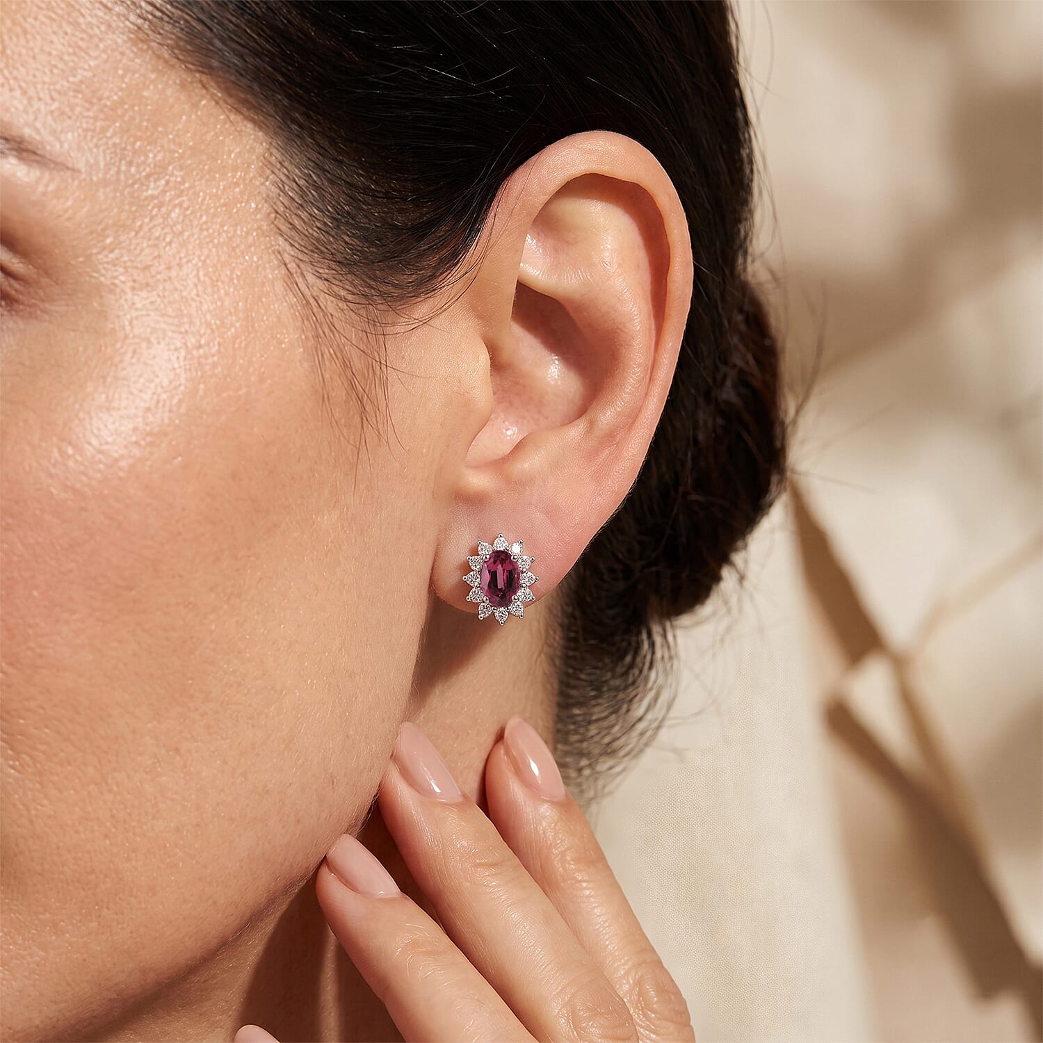 D'Joy Premium Ouro Fino Rubellite and Moissanite 1.20 ctw Earrings in Rhodium Over Sterling Silver