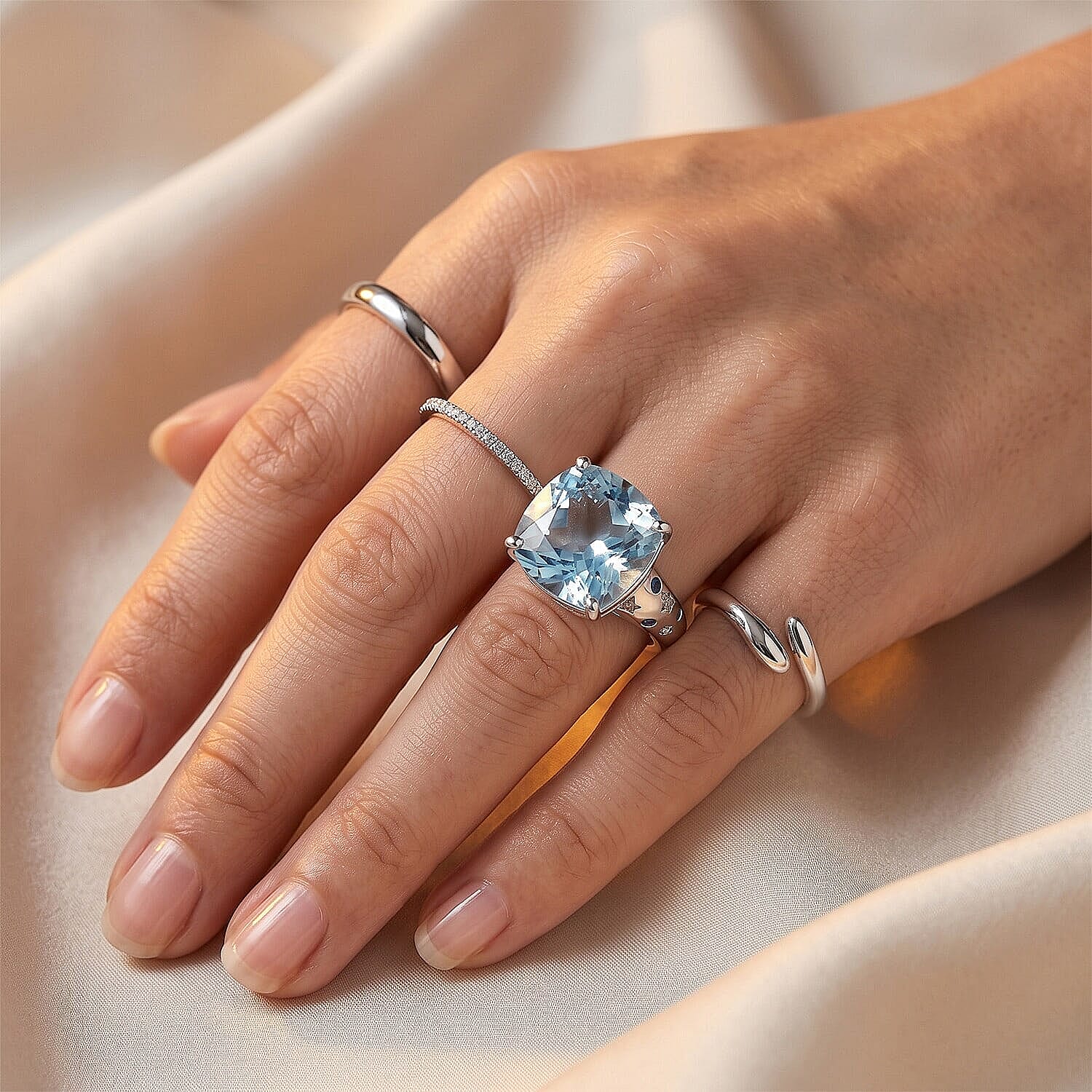 D'Joy Premium Skyblue Topaz, Multi Gemstone Ring in Rhodium Over Sterling Silver (Size 5.0) 8.90 ctw