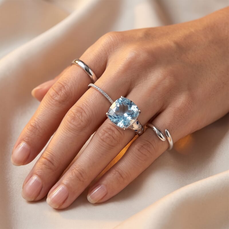 D'Joy Premium Skyblue Topaz, Multi Gemstone Ring in Rhodium Over Sterling Silver (Size 6.0) 8.90 ctw