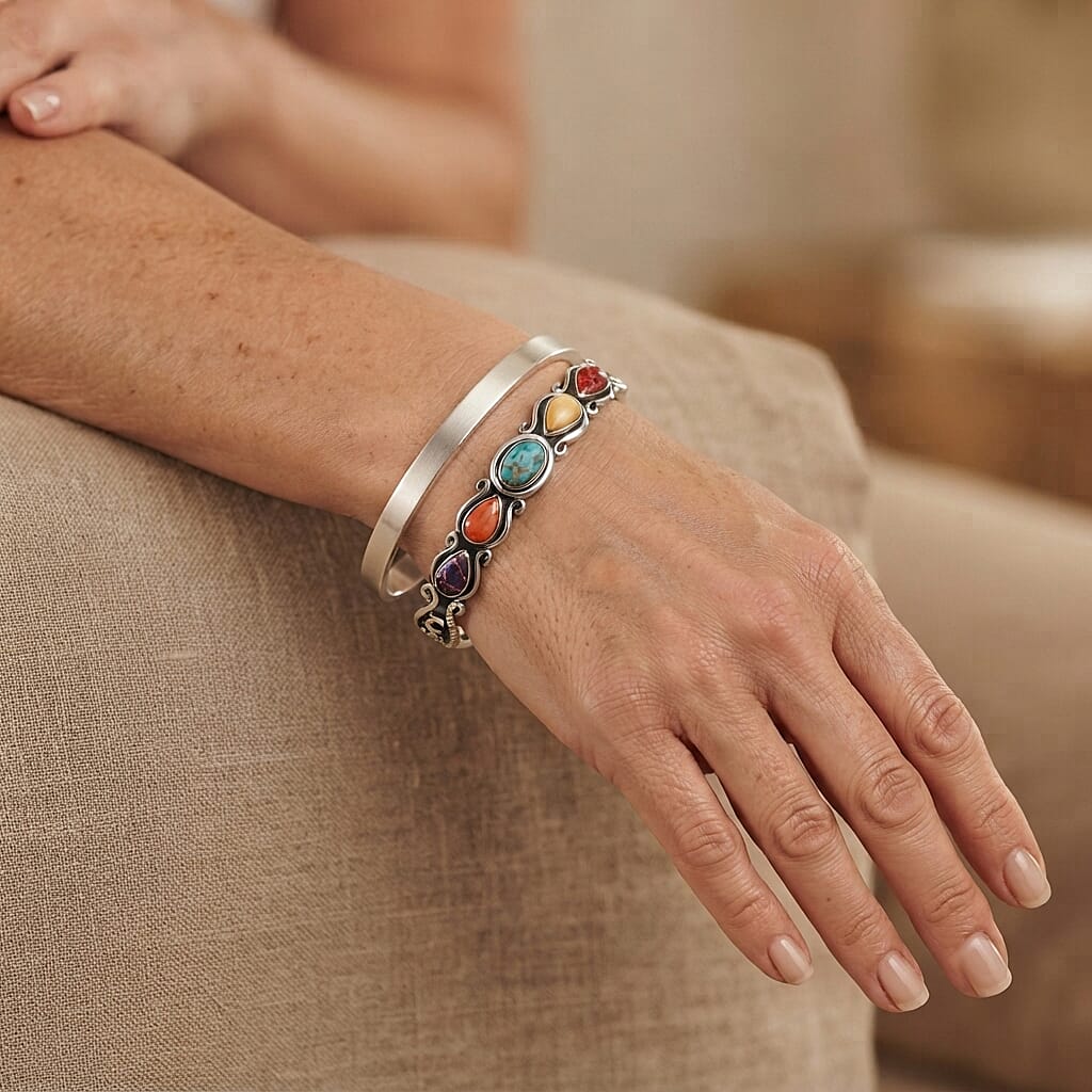 Santa Fe Style Multi Gemstone 1.25 ctw Cuff Bracelet in Sterling Silver (7.00 In)