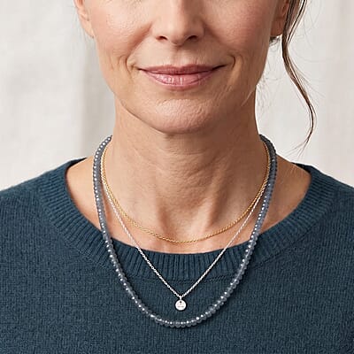 D'Joy Mint Kyanite 100.00 ctw Beaded Necklace (18 Inches) in Rhodium Over Sterling Silver
