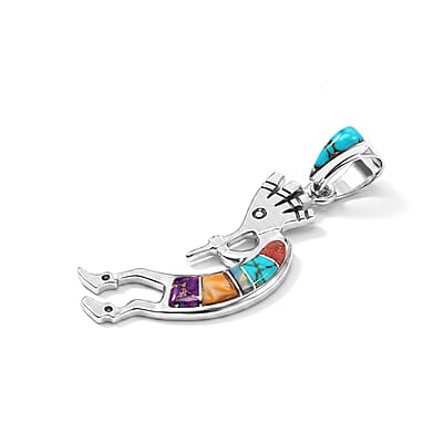 Santa Fe Style Multi Gemstone 0.50 ctw Kokopelli Pendant without Chain in Sterling Silver