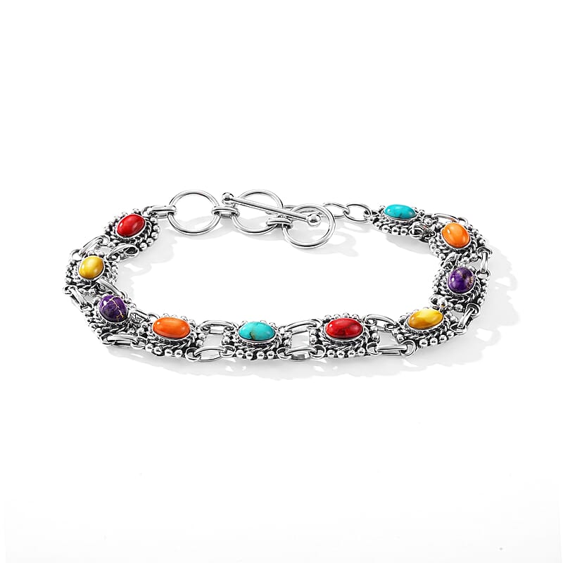 Santa Fe Style Multi Gemstone 2.00 ctw Bracelet in Sterling Silver (7.0-8.0In)