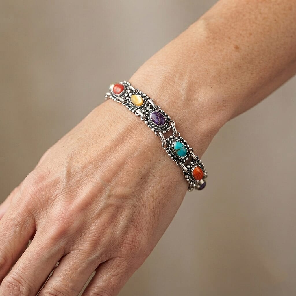 Santa Fe Style Multi Gemstone 2.00 ctw Bracelet in Sterling Silver (7.0-8.0In)