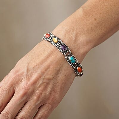 Santa Fe Style Multi Gemstone 2.00 ctw Bracelet in Sterling Silver (7.0-8.0In)