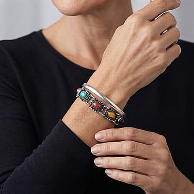 Santa Fe Style Multi Gemstone 2.00 ctw Bracelet in Sterling Silver (7.0-8.0In)