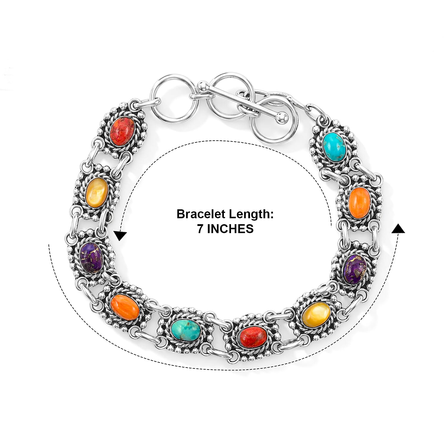 Santa Fe Style Multi Gemstone 2.00 ctw Bracelet in Sterling Silver (7.0-8.0In)