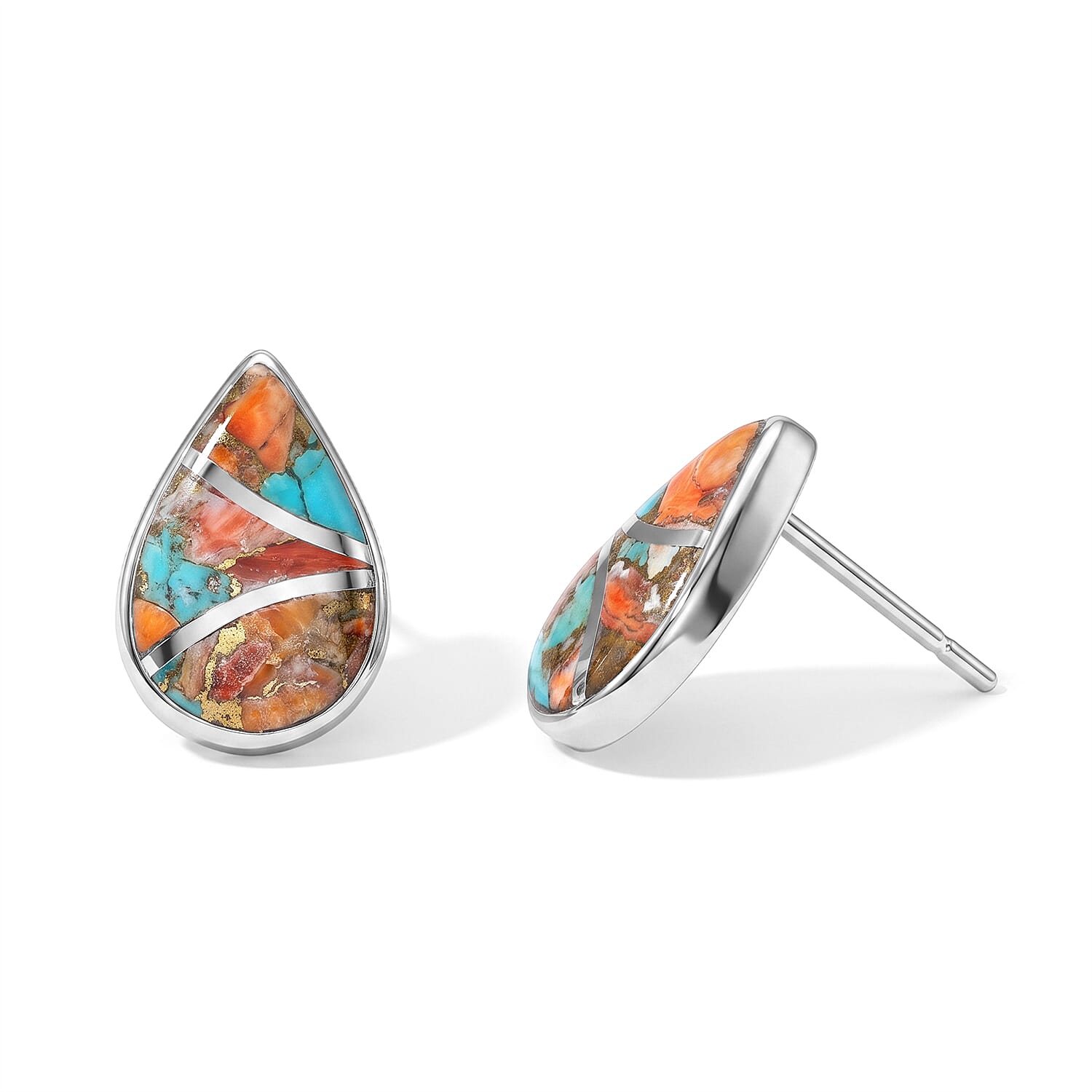 Santa Fe Style Spiny Turquoise 1.55 ctw Teardrop Studs Earrings in Sterling Silver