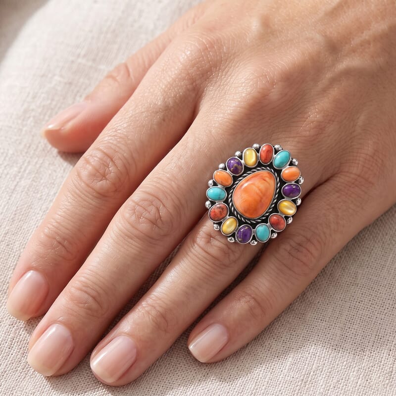 Santa Fe Style Orange Spiny Oyster Shell and Multi Gemstone 0.45 ctw Ring in Sterling Silver (Size 6.0)