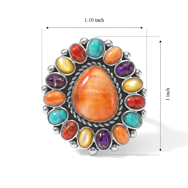 Santa Fe Style Orange Spiny Oyster Shell and Multi Gemstone 0.45 ctw Ring in Sterling Silver (Size 6.0)