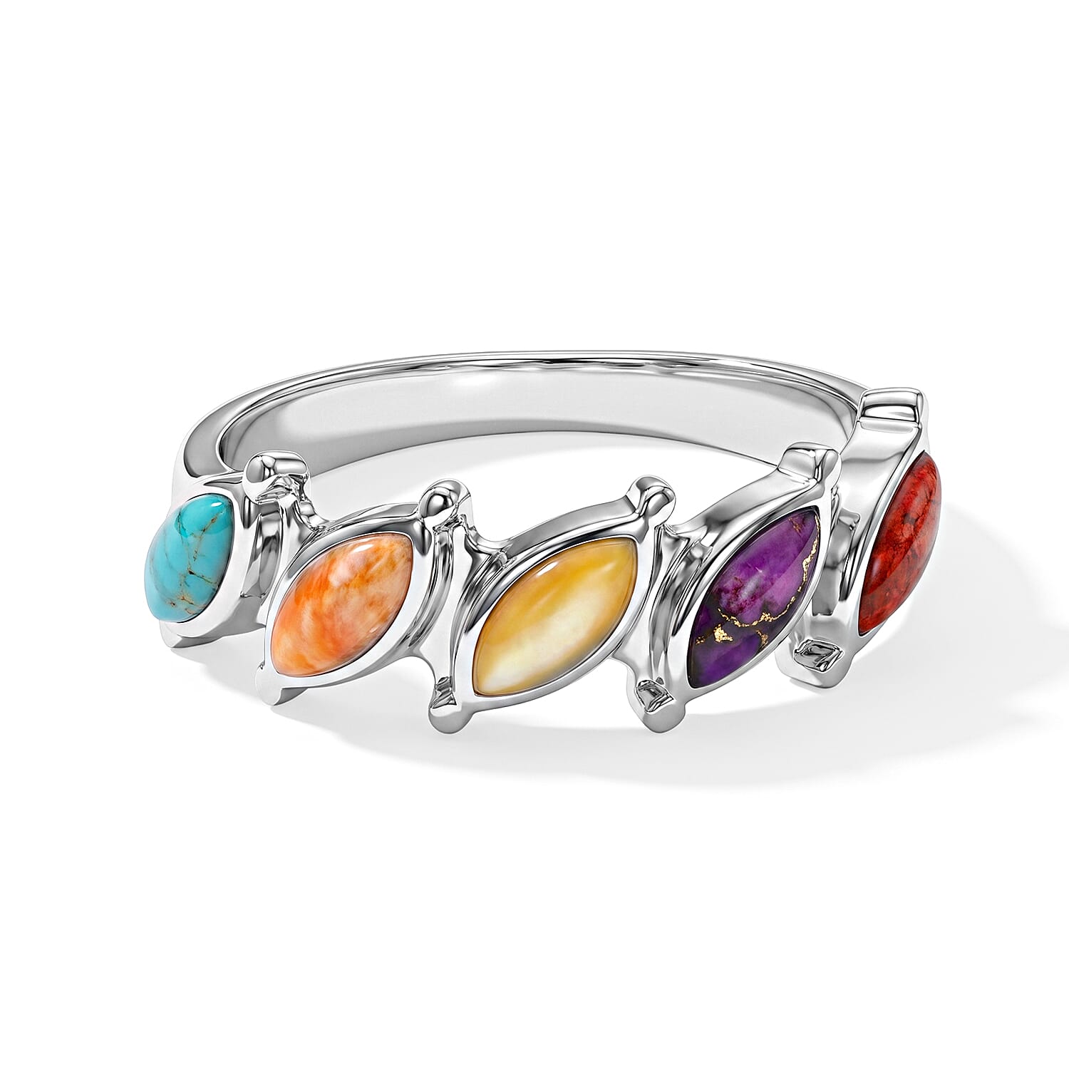 Santa Fe Style Multi Gemstone 1.50 ctw Marquis Half Band Ring in Sterling Silver (Size 10.0)