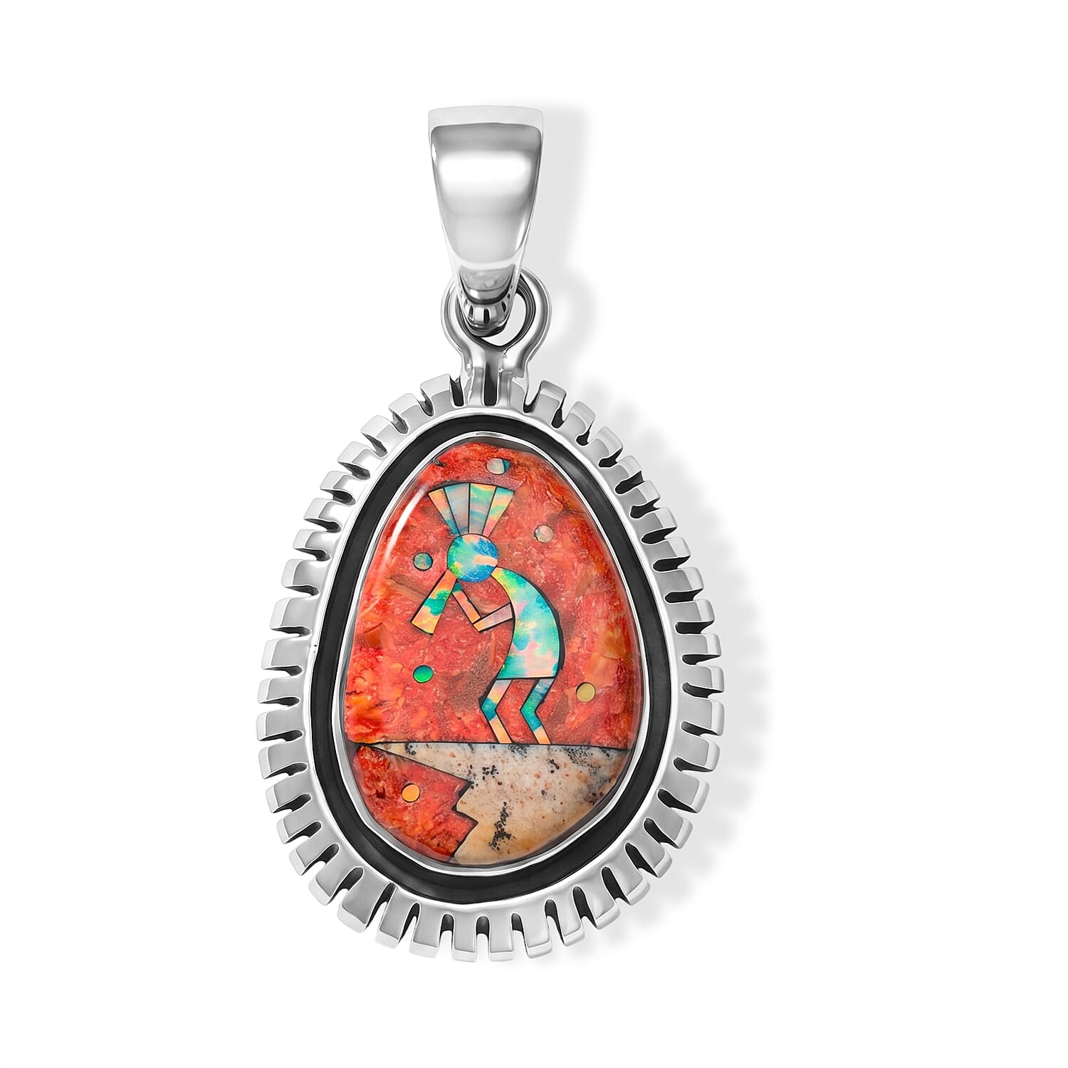 Santa Fe Style Coral and Multi Gemstone 12.00 ctw Pendant without Chain in Sterling Silver