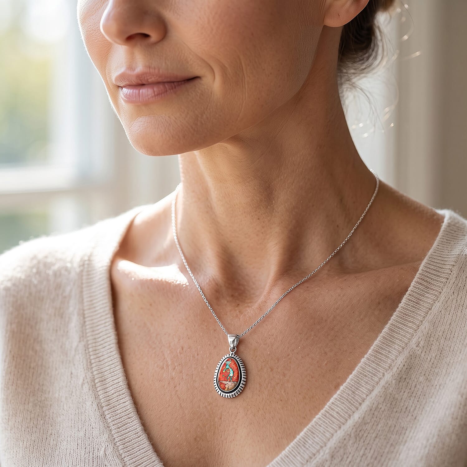 Santa Fe Style Coral and Multi Gemstone 12.00 ctw Pendant without Chain in Sterling Silver