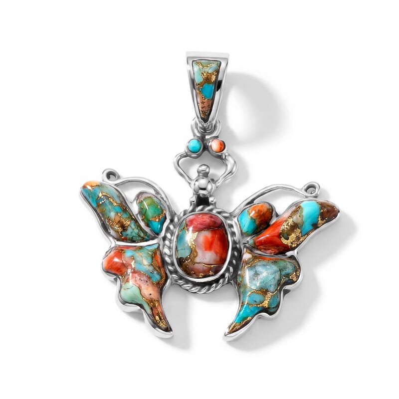 Santa Fe Style Spiny Turquoise 0.60 ctw Butterfly Pendant without Chain in Sterling Silver