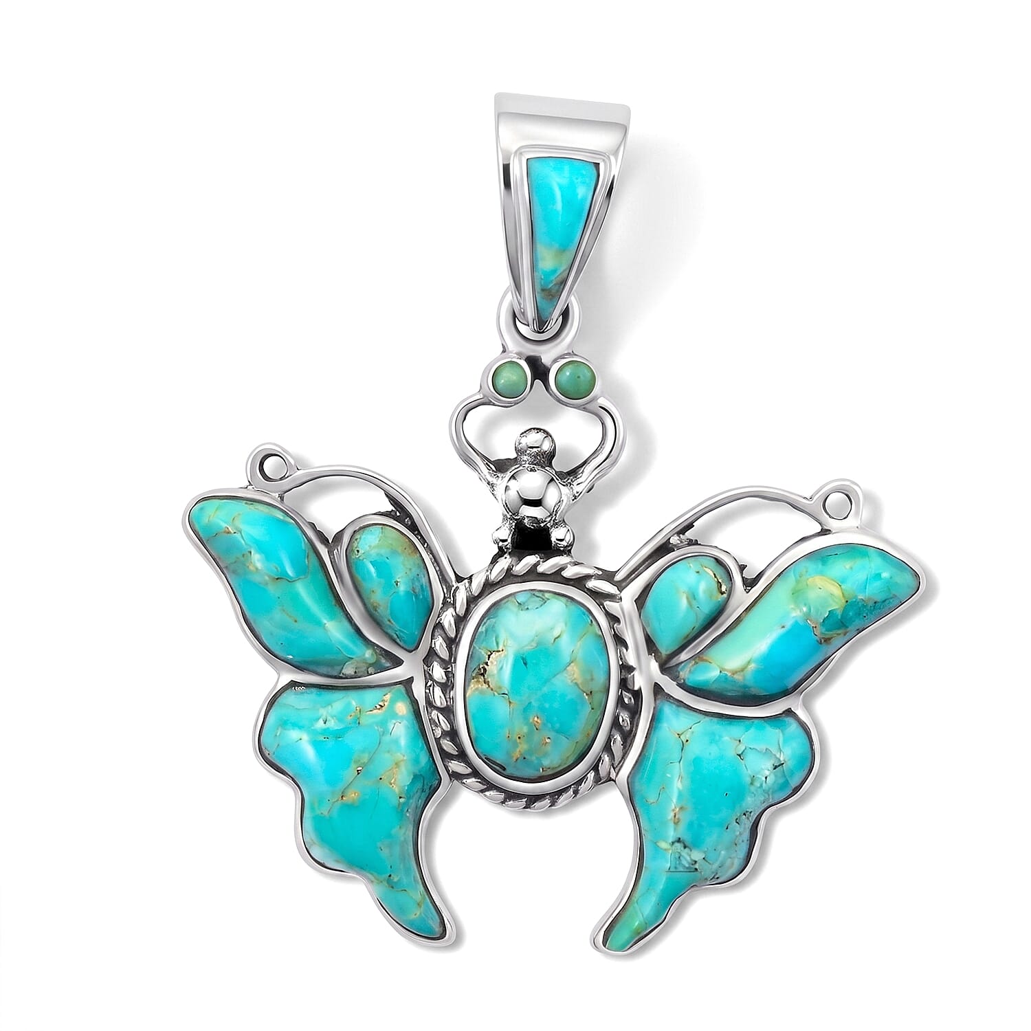 Santa Fe Style Kingman Turquoise 0.60 ctw Butterfly Pendant without Chain in Sterling Silver