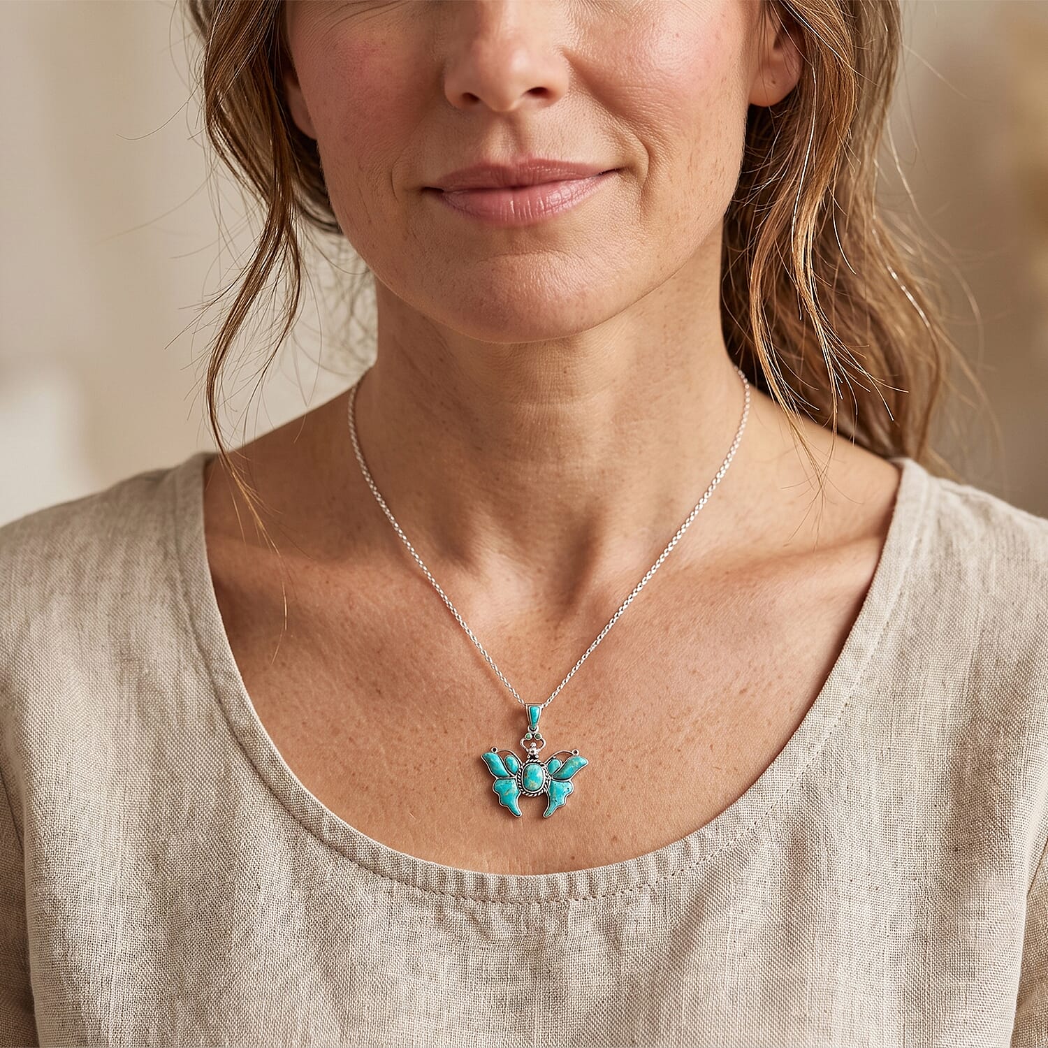 Santa Fe Style Kingman Turquoise 0.60 ctw Butterfly Pendant without Chain in Sterling Silver