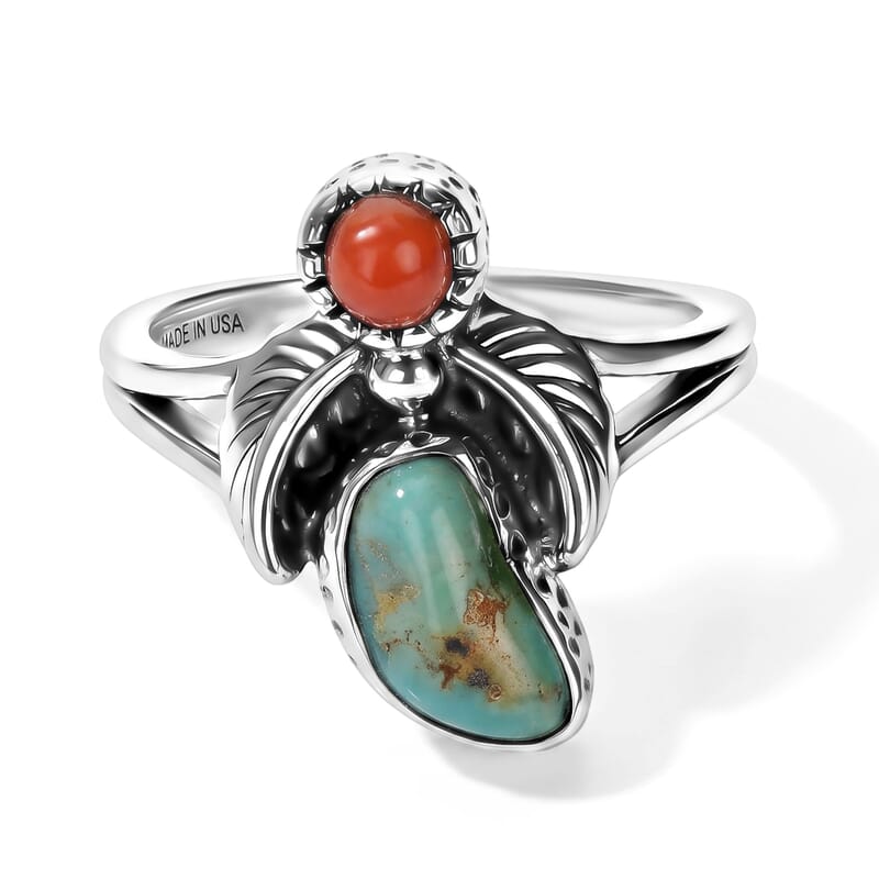 D'Joy Artisan Crafted Blue Turquoise 5.85 ctw and Coral Ring in Sterling Silver (Size 7.0)