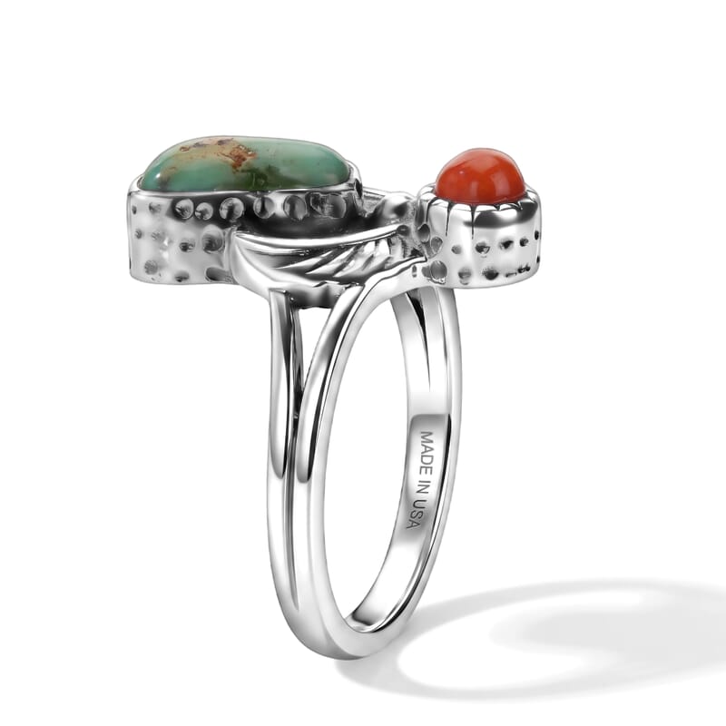 D'Joy Artisan Crafted Blue Turquoise 5.85 ctw and Coral Ring in Sterling Silver (Size 7.0)