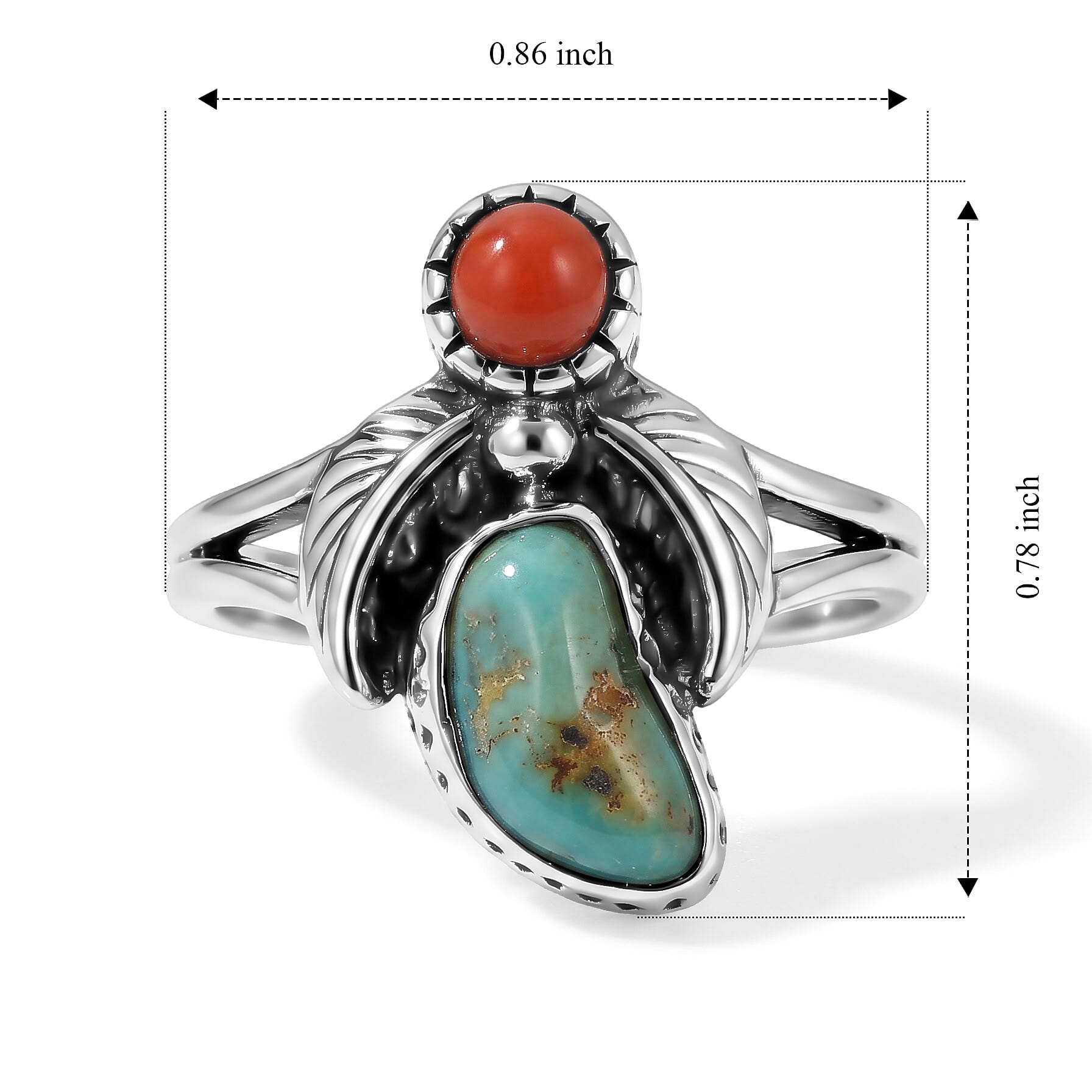 D'Joy Artisan Crafted Blue Turquoise 5.85 ctw and Coral Ring in Sterling Silver (Size 7.0)