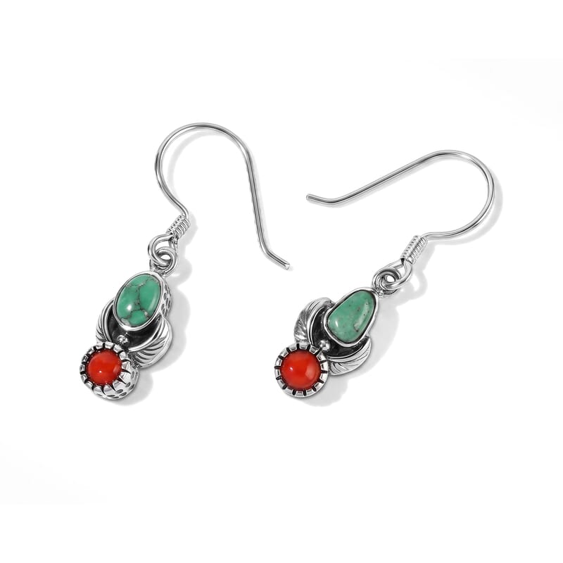 D'Joy Royal Hubei Blue Turquoise and Coral 10.70 ctw Earrings in Sterling Silver