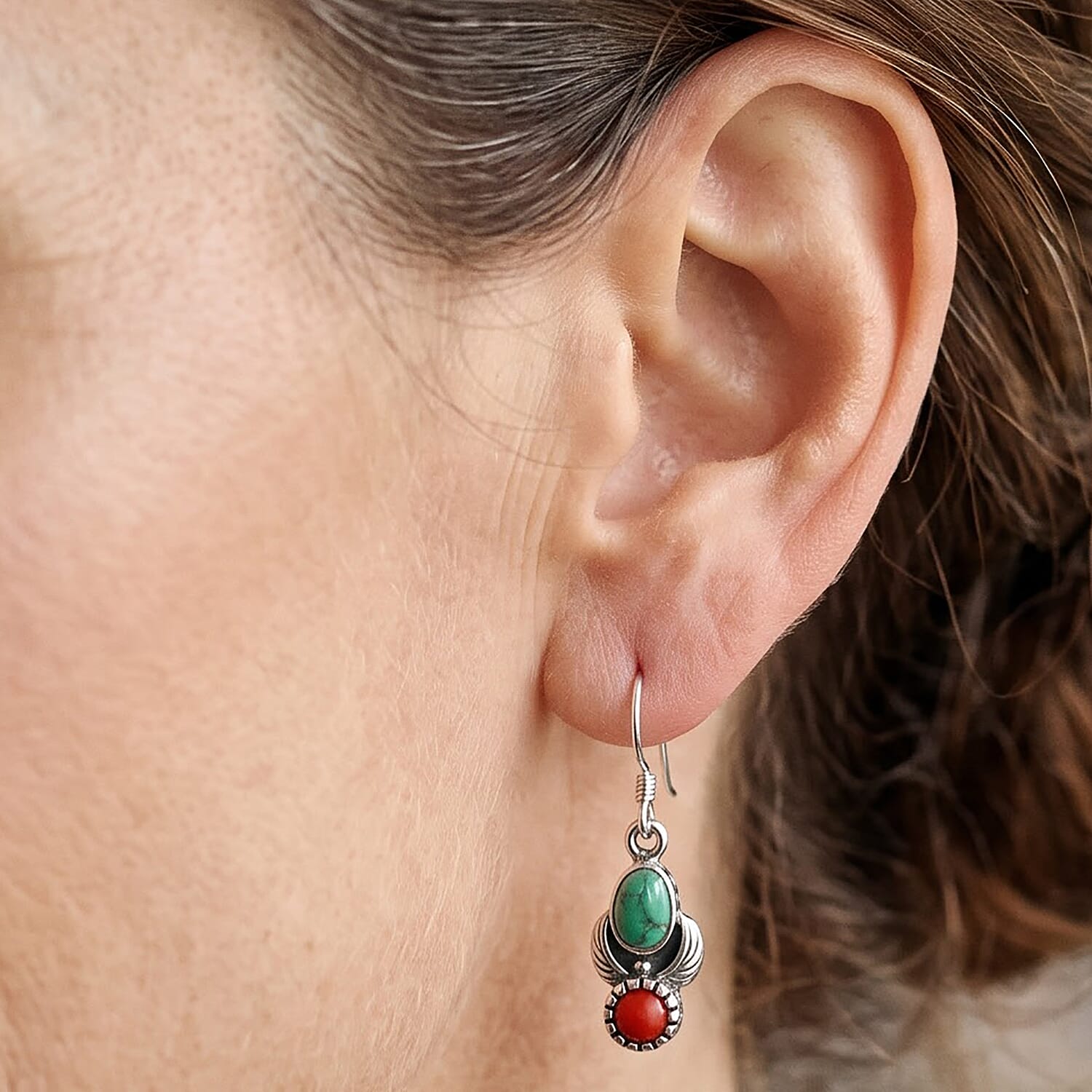 D'Joy Royal Hubei Blue Turquoise and Coral 10.70 ctw Earrings in Sterling Silver