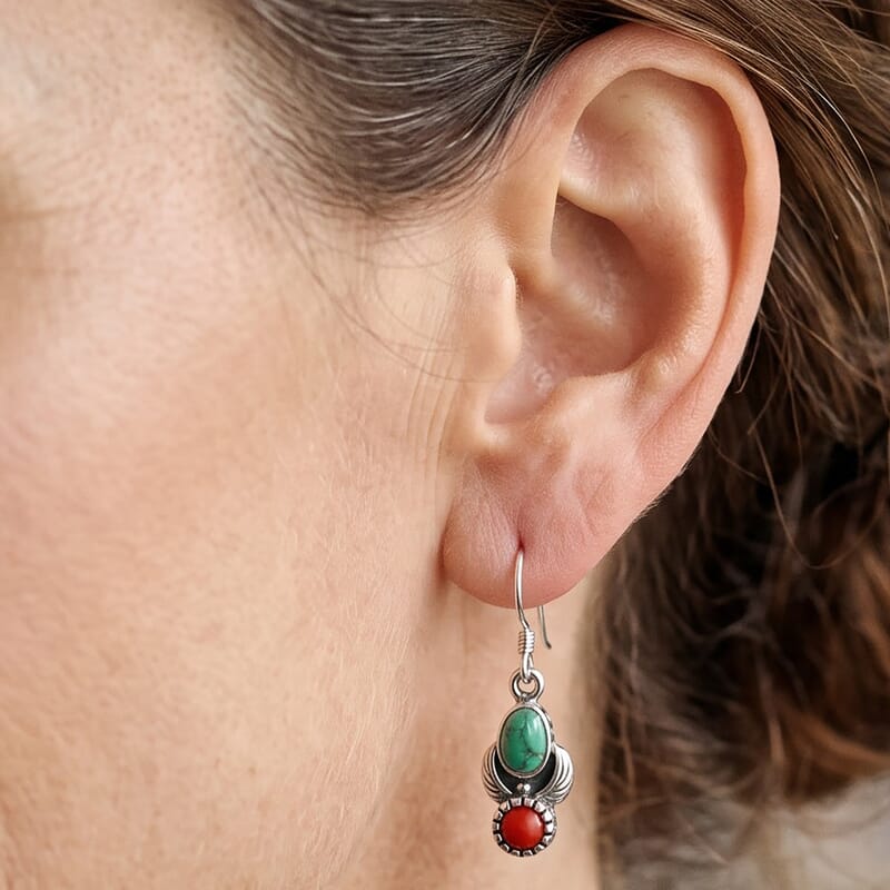 D'Joy Royal Hubei Blue Turquoise and Coral 10.70 ctw Earrings in Sterling Silver