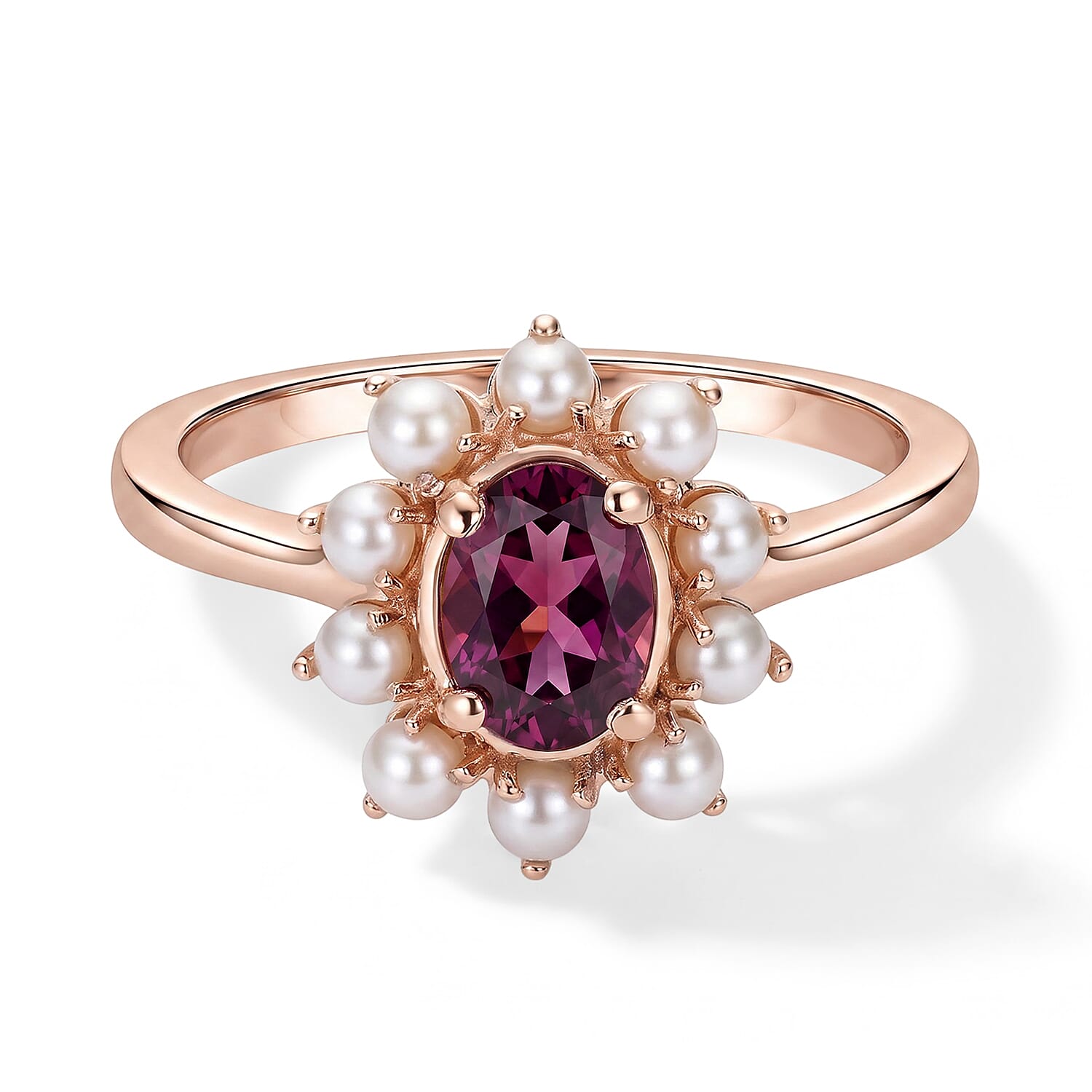 D'Joy AAA Radiant Ember Garnet 1.00 ctw and Freshwater Pearl Ring in 18K Vermeil Rose Gold Over Sterling Silver (Size 5.0)
