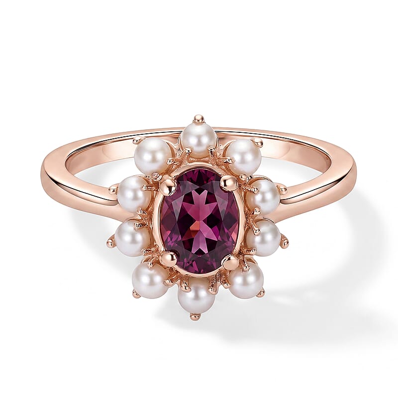 D'Joy AAA Radiant Ember Garnet 1.00 ctw and Freshwater Pearl Ring in 18K Vermeil Rose Gold Over Sterling Silver (Size 5.0)