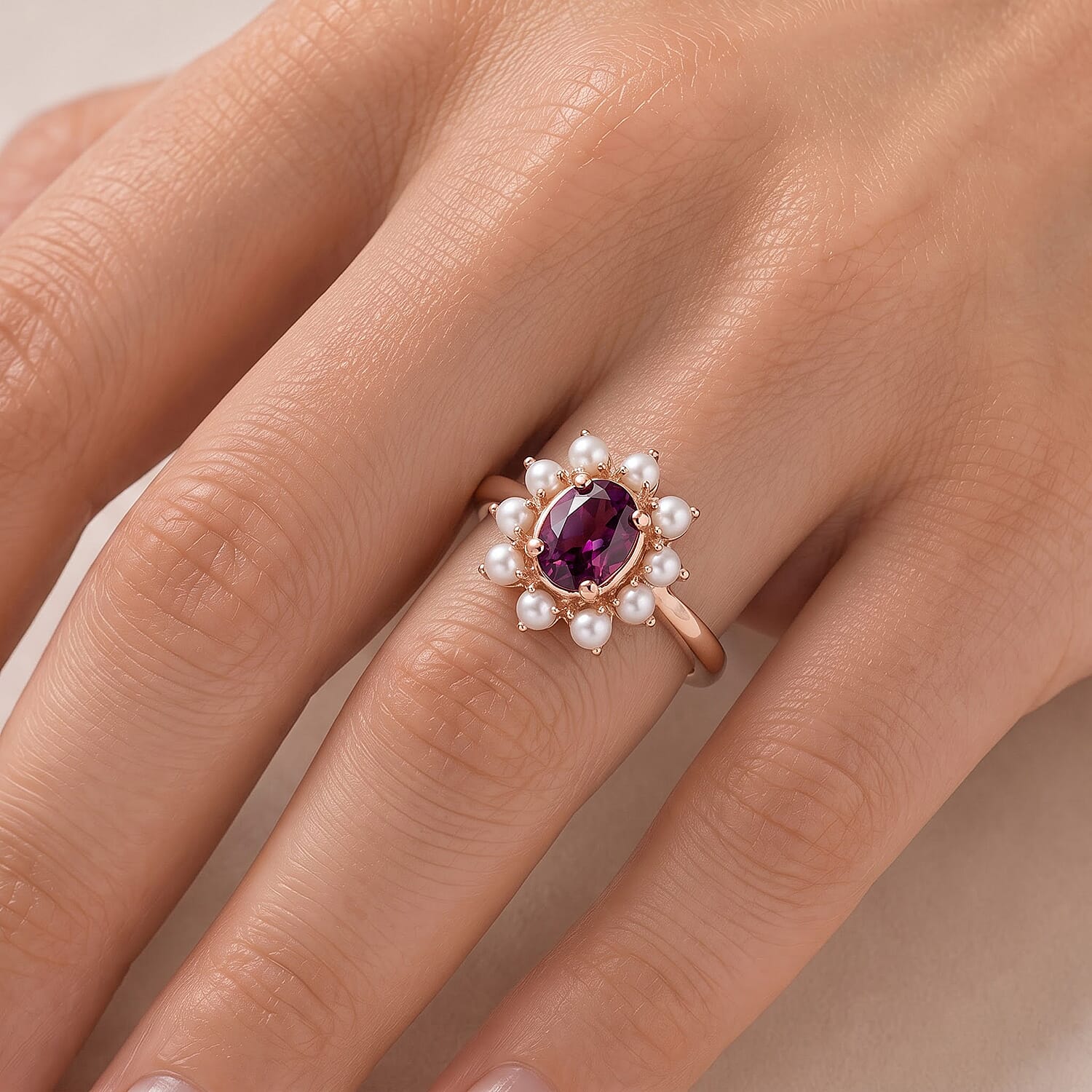 D'Joy AAA Radiant Ember Garnet 1.00 ctw and Freshwater Pearl Ring in 18K Vermeil Rose Gold Over Sterling Silver (Size 5.0)